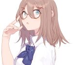  1girl :o adjusting_eyewear bad_id bad_pixiv_id blue_bow blue_bowtie blue_eyes bow bowtie brown_hair collared_shirt fifuth glasses hair_between_eyes hair_ornament hairclip hand_up looking_at_viewer medium_hair open_mouth original parted_lips red-framed_eyewear school_uniform shirt short_sleeves simple_background solo upper_body white_background white_shirt x_hair_ornament 
