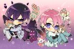  animalization black_wings blue_pants brown_footwear chibi drawn_wings jacket karasuma_miyabi long_sleeves necktie o3o pants parted_bangs pink_hair pink_necktie purple_hair purple_wings sapphire_(nine) sasabe_sumito shoes takaba_keisuke utou_shingo violet_eyes wails_of_the_bound white_jacket white_pants wings 