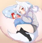  1girl ahoge animal_ear_fluff animal_ears babalilo bag black_socks blush cellphone commentary_request commission expressionless fetal_position food food_in_mouth grey_shorts highres holding holding_phone hood hoodie kneehighs long_sleeves looking_at_viewer low_ponytail lying medium_hair mouth_hold on_side original paw_print phone pocky pocky_in_mouth red_eyes short_shorts shorts sideways_glance smartphone socks solo tail thighs white_hair white_hoodie 