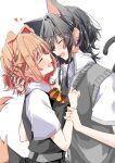  2girls absurdres animal_ears asanagi_yori black_dress black_hair blush braid brown_hair cat_ears cat_girl cat_tail closed_eyes collared_shirt commentary_request couple dog_ears dog_girl dog_tail dress dress_shirt facing_another grey_sweater_vest hair_intakes hand_in_another&#039;s_hair highres holding_another&#039;s_wrist kemonomimi_mode kino_himari medium_hair mooninkyuu multiple_girls open_mouth pinafore_dress sasayaku_you_ni_koi_wo_utau shirt short_hair short_sleeves sidelocks sleeveless sleeveless_dress sweater_vest tail upper_body white_background white_shirt yuri 