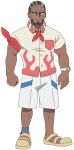  1boy arm_ribbon beard biceps black_eyes breast_pocket bright_pupils brown_hair buttons closed_mouth collared_shirt dark-skinned_male dark_skin facial_hair frown full_body looking_to_the_side male_focus murdock_(pokemon) official_art pocket pokemon pokemon_(anime) pokemon_horizons red_ribbon ribbon shirt shoes short_hair short_sleeves shorts solo standing transparent_background watch watch white_pupils white_shorts yellow_footwear 