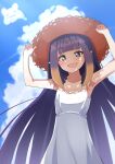  1girl :3 :d arms_up bare_arms bare_shoulders blue_eyes blue_sky blunt_bangs clouds collarbone commentary day dress fang hat highres hololive hololive_english kenjun long_hair looking_at_viewer multicolored_hair ninomae_ina&#039;nis open_mouth orange_hair outdoors pointy_ears purple_hair sky sleeveless sleeveless_dress smile solo straw_hat sundress takodachi_(ninomae_ina&#039;nis) very_long_hair virtual_youtuber white_dress 