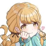  1girl blonde_hair blush braid clenched_hands commentary_request fujita_kotone gakuen_idolmaster hair_ribbon hands_on_own_cheeks hands_on_own_face heart idolmaster jacket long_hair long_sleeves looking_at_viewer ribbon simple_background smile solo tsubatyissimo2 twin_braids upper_body white_background yellow_eyes 