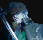  1boy bad_source black_sclera blue_coat blue_eyes cannibalinhell coat colored_sclera devil_may_cry_(series) fingerless_gloves gloves glowing glowing_eyes hair_slicked_back holding holding_weapon lips looking_at_viewer male_focus nose photorealistic realistic smile solo still_life sword vergil_(devil_may_cry) weapon white_hair yamato_(sword) 