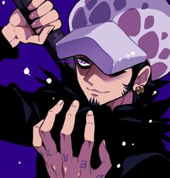  1boy black_hair close-up closed_mouth commentary_request earrings facial_hair fur-trimmed_shirt fur_trim goatee hand_tattoo hat hat_over_one_eye heri_(azame) holding holding_weapon jewelry lowres male_focus one_piece purple_background shirt sideburns smile solo sword tattoo trafalgar_law weapon 