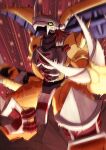  armor claws colored_skin crotch_plate digimon digimon_(creature) dragon feet_out_of_frame green_eyes helmet highres horns looking_at_viewer mechanical_wings orange_skin potato_(ewokakupotato) redhead shoulder_armor smear_frame solo spikes spread_wings wargreymon wings 