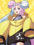  1girl :d aqua_hair bare_shoulders bow-shaped_hair character_hair_ornament commentary_request grey_pantyhose hair_ornament hazuki_(nyorosuke) highres iono_(pokemon) jacket long_hair long_sleeves looking_at_viewer open_mouth pantyhose pink_eyes pink_hair pokemon pokemon_sv sharp_teeth single_leg_pantyhose sleeves_past_fingers sleeves_past_wrists smile solo teeth twintails upper_teeth_only very_long_hair yellow_background yellow_jacket 