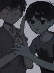  2boys collared_shirt greyscale highres hinshi_hp0 holding holding_knife knife looking_at_another monochrome multiple_boys nervous_sweating omori omori_(omori) open_mouth parted_lips shirt short_hair short_sleeves sunny_(omori) sweat sweater_vest 