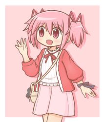  1girl :d akemi_homura bad_id bad_twitter_id bag border character_charm charm_(object) commentary_request cowboy_shot drop_shadow hair_ribbon hand_up jacket kaname_madoka long_sleeves mahou_shoujo_madoka_magica mahou_shoujo_madoka_magica_(anime) neck_ribbon open_mouth outside_border pink_background pink_eyes pink_hair pink_skirt red_jacket red_ribbon reverse_(bluefencer) ribbon shirt short_hair short_twintails skirt smile solo standing twintails white_border white_shirt 