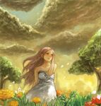  1girl bad_drawr_id bad_id bare_shoulders brown_hair character_request clouds copyright_request dress em_(emily) field flower grass hand_up long_hair oekaki open_mouth orange_flower original outdoors red_flower sky smile solo strapless strapless_dress tree white_dress wind 