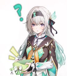  1girl ? absurdres black_hairband black_jacket blue_pupils bridal_gauntlets charm_(object) cropped_jacket dana_(hapong07) firefly_(honkai:_star_rail) gradient_hair green_hair grey_hair hairband highres holding holding_wallet honkai:_star_rail honkai_(series) jacket looking_at_viewer multicolored_hair neckerchief notice_lines open_mouth orange_neckerchief origami_bird_(honkai:_star_rail) pink_eyes shirt simple_background single_bridal_gauntlet upper_body wallet white_background white_shirt 