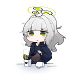  1girl @_@ black_hoodie blue_archive chibi chibi_only coffee_mug coffee_pot commentary_request cup green_eyes green_halo grey_hair halo hare_(blue_archive) high_ponytail highres holding holding_coffee_pot hood hood_down hoodie kuroshiro1011 long_hair long_sleeves millennium_science_school_logo mug parted_lips pen pen_holder pencil pouring puffy_long_sleeves puffy_sleeves scissors simple_background solo steam twitter_username white_background you&#039;re_doing_it_wrong 