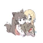  2girls :&lt; ;o animal_ears blonde_hair blue_eyes blue_hair brown_hair closed_mouth cropped_torso dog_ears dog_girl dog_tail fang fujishima_megumi gradient_hair grey_eyes grey_shirt hair_down holding holding_phone hug hug_from_behind kemonomimi_mode light_blue_hair link!_like!_love_live! long_hair long_sleeves love_live! mofuniku multicolored_hair multiple_girls official_alternate_costume official_alternate_hairstyle one_eye_closed open_mouth osawa_rurino parted_bangs phone pink_sweater_vest shirt simple_background skin_fang sweater_vest tail two_side_up violet_eyes virtual_youtuber white_background white_shirt yuri 