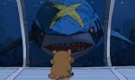  aomon_(yuuji7604) bidoof highres ocean open_mouth parody pokemon pokemon_(creature) poster_parody red_eyes shark sharp_teeth sharpedo sitting teeth the_meg water window 