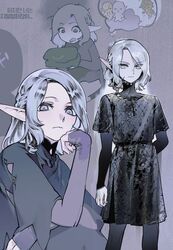  1girl 2boys braided_ponytail_elf_(dungeon_meshi) chibi chibi_inset dungeon_meshi elf gapamopa grey_background grey_eyes grey_hair half_up_braid head_on_hand high_collar highres long_sleeves looking_at_viewer male_focus medium_hair mithrun mithrun&#039;s_brother mithrun_(young) multiple_boys multiple_views pointy_ears shirt smile thought_bubble tunic wavy_hair 