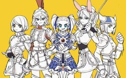  5girls alternate_costume anessa_(dqb2) animal_ears aqua_eyes armor blue_eyes blue_ribbon bob_cut bright_pupils commentary curly_hair dragon_quest dragon_quest_builders_2 earrings fake_animal_ears fake_horns female_builder_(dqb2) green_eyes grin hair_pulled_back hair_ribbon hashtag-only_commentary helmet high_ponytail highres holding holding_sword holding_weapon hoop_earrings horned_helmet horns jewelry jibaco_(dqb2) long_hair looking_at_viewer mouyi multiple_girls official_alternate_costume pero_(dqb2) rabbit_ears ribbon sheath short_hair smile smirk spot_color sword symbol-only_commentary twintails unsheathing weapon white_pupils yellow_background zesel_(dqb2) 