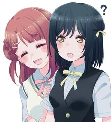  2girls :d :o ? ^_^ behind_another black_hair black_vest blunt_bangs blush bob_cut braid braided_bun breasts closed_eyes collared_shirt commentary_request cream_(nipakupa) dress_shirt fang hair_bun hair_ornament hair_ribbon hairclip hand_on_another&#039;s_arm looking_at_another love_live! love_live!_nijigasaki_high_school_idol_club medium_breasts medium_hair mifune_shioriko multiple_girls neck_ribbon nijigasaki_school_uniform open_mouth orange_eyes pink_hair pink_ribbon ribbon school_uniform shirt short_hair short_sleeves simple_background single_side_bun smile summer_uniform sweater_vest swept_bangs uehara_ayumu upper_body vest white_background white_shirt yellow_ribbon yellow_sweater_vest 