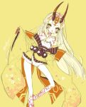  1girl blonde_hair body_markings bow earrings fang fate/grand_order fate_(series) horns ibaraki_douji_(fate) japanese_clothes jewelry long_hair nesu_(nsm888) orange_bow pointy_ears simple_background skinny solo very_long_hair waist_bow yellow_background yellow_eyes 