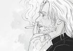  1boy beard cassock cigarette clerical_collar facial_hair from_side full_beard greyscale holding holding_cigarette male_focus marcus_keane mature_male medium_hair monochrome portrait priest smoke_trail smoking solo the_exorcist weardes wrinkled_skin 