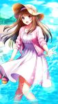  1girl :d blush brown_hair collarbone day doukyuusei_another_world dress floating_hair game_cg hairband hat hat_ribbon jacket kakyuusei long_hair official_art open_clothes open_jacket open_mouth outdoors pink_hairband pink_jacket red_eyes ribbon smile solo splashing straw_hat summer sun_hat sundress white_dress white_ribbon yellow_hat yuuki_mizuho 