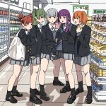  5girls :d :o :t alternate_costume black_footwear black_jacket black_socks blue_cardigan blunt_bangs bottle brown_hair cardigan cellphone commentary_request contemporary convenience_store double_bun fern_(sousou_no_frieren) full_body green_hair grey_hair grey_skirt hair_bun highres holding holding_another&#039;s_arm holding_bottle holding_phone indoors jacket kanne_(sousou_no_frieren) laufen_(sousou_no_frieren) lawine_(sousou_no_frieren) loafers long_sleeves multiple_girls open_clothes open_jacket perutore phone pleated_skirt pout purple_hair school_uniform shirt shoes shop short_hair side_ponytail skirt smartphone smile socks sousou_no_frieren standing twintails ubel_(sousou_no_frieren) violet_eyes white_shirt wing_collar 