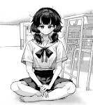  1girl bow bowtie chair classroom collarbone commentary crossed_legs desk greyscale hands_on_own_legs indian_style looking_at_viewer monochrome on_floor original own_hands_together pleated_skirt sailor_collar school_uniform sitting skirt smile solo straight-on tosazun tsurime twintails v-shaped_eyebrows 