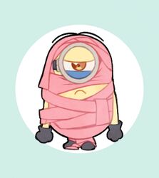  ake_blood black_gloves blue_overalls brown_eyes closed_mouth colored_skin despicable_me frown glaring gloves goggles highres looking_at_viewer minion_(despicable_me) minions_(movie) no_humans one-eyed overalls pink_ribbon ribbon short_hair solo stuart_(despicable_me) wrapped_up yellow_skin 