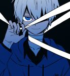  1boy bandaged_neck bandages blue_eyes colored_eyelashes hood hoodie long_sleeves looking_at_viewer maco22 male_focus one_eye_covered original short_hair smile solo upper_body white_hair 