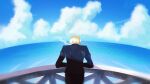  1boy back blonde_hair clouds cloudy_sky commentary english_commentary formal highres long_sleeves male_focus mcdobo ocean one_piece outdoors sanji_(one_piece) short_hair sky smoke solo standing suit water 