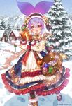  1girl :d age_of_ishtaria bag blush boots box breath brown_mittens copyright_notice dress fur-trimmed_boots fur_trim gift gift_box highres holding holding_box lantern looking_at_viewer mittens munlu_(wolupus) official_art open_mouth outdoors pantyhose purple_hair red_eyes salix_(age_of_ishtaria) smile snow snowing snowman solo tree winter 