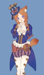  1girl :3 animal_ears anne_lester ascot backpack bag belt belt_bag belt_pouch blue_background blue_hat boots braid bright_pupils closed_mouth coattails cowboy_shot dot_nose expressionless extra_ears facing_viewer film_grain flower-shaped_pupils frilled_ascot frilled_shirt_collar frills goggles goggles_on_headwear hair_over_shoulder hat head_tilt highres identity_v jacket juliet_sleeves legs_together lipstick long_sleeves looking_at_viewer makeup mini_hat orange_hair own_hands_clasped own_hands_together parted_hair pigeon-toed pouch puffy_shorts puffy_sleeves purple_jacket purple_shorts red_belt red_goggles red_lips ribbon-trimmed_footwear shorts simple_background solo standing striped_clothes striped_shorts symbol-shaped_pupils tail thigh_boots top_hat tsuntenponten twin_braids vertical-striped_clothes vertical-striped_shorts violet_eyes wavy_eyes white_ascot white_footwear white_pupils 