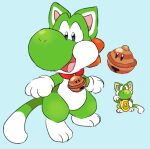  animal_collar animal_hands bell blue_background coin collar commentary english_commentary gloves highres holding loveycloud maneki-neko neck_bell nostrils open_mouth paw_gloves paw_pose red_collar simple_background smile standing super_mario_3d_world super_mario_bros. white_gloves yoshi 