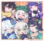  2024 2boys 4girls ahoge animal b_bmvp black_gloves blue_bow blue_hat blue_sweater blunt_bangs bottle bow braid braided_bangs brown_eyes cat chewing chibi closed_eyes closed_mouth cup dango eating food friends furina_(genshin_impact) genshin_impact gloves green_eyes green_hair green_shirt hair_between_eyes hair_ornament hair_over_shoulder hairclip hand_on_own_chin hands_up hat holding holding_animal holding_bottle holding_cup holding_food holding_hands light_smile long_hair long_sleeves looking_at_viewer looking_up mole mole_under_eye multicolored_hair multiple_boys multiple_girls nahida_(genshin_impact) new_year one_eye_closed open_mouth paimon_(genshin_impact) ponytail purple_hair raiden_shogun reaching reaching_towards_viewer scaramouche_(cat)_(genshin_impact) scaramouche_(genshin_impact) scarf shirt short_hair smile stuffed_toy sweater teeth tongue tongue_out venti_(genshin_impact) violet_eyes wagashi white_gloves white_hair white_hat white_scarf yellow_scarf zhongli_(genshin_impact) 