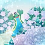  :d black_eyes bright_pupils commentary_request day flower gastrodon gastrodon_(east) hydrangea looking_at_viewer no_humans open_mouth outdoors pokemon pokemon_(creature) rain smile solo sonetales white_pupils 
