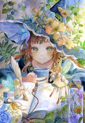  3girls artist_name blue_flower blue_hat blue_rose blue_wings blush book bow brown_hair closed_mouth collarbone cup double_bun flower grey_ribbon hair_bun hand_on_own_hip hat hat_flower hexagram highres holding holding_cup holding_quill jar long_hair long_sleeves mini_person minigirl multiple_girls open_book original painting_(medium) quill rose smile traditional_media watercolor_(medium) wings witch_hat yellow_bow yellow_eyes yellow_flower yuyuharu_1027 