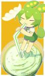  1girl absurdres barefoot border chibi chibi_only closed_eyes commentary cup disposable_cup drinking drinking_straw drinking_straw_in_mouth green_hair green_shorts highres holding holding_drinking_straw konohoshi long_hair milkshake mini_person minigirl orange_background outline outside_border puffy_shorts shirt short_sleeves shorts solo standing suspender_shorts suspenders voicevox white_border white_outline white_shirt zundamon 