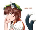  1girl :o animal_ear_fluff animal_ear_piercing animal_ears brown_eyes brown_hair cat_ears cat_tail chen commentary_request dated earrings fang fingernails frilled_sleeves frills from_side gold_trim green_hat hair_between_eyes half-closed_eyes hand_on_own_cheek hand_on_own_face hand_up hat highres jewelry kabu_(yuyuibob) long_fingernails looking_at_viewer looking_to_the_side mob_cap multiple_tails nekomata open_mouth red_vest short_hair short_sleeves simple_background single_earring solo tail tail_raised touhou two_tails upper_body vest white_background 