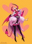  1girl boots chewing_gum coat demon_girl demon_horns demon_tail demon_wings dress elbow_gloves frankenwaffle fur_coat gloves hand_on_own_hip helluva_boss highres horns long_hair pencil_dress pink_skirt skirt solo tail thigh_boots verosika_mayday very_long_hair wings 