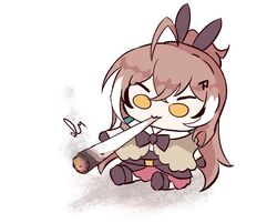  1girl :3 ahoge brown_capelet brown_corset brown_footwear brown_gloves brown_hair capelet chibi chibi_only corset ddrawins feather_hair_ornament feathers gloves hair_ornament highres hololive joint_(drug) long_hair multicolored_hair nanashi_mumei nanashi_mumei_(1st_costume) ponytail red_skirt shirt sidelocks signature simple_background sitting skirt smoking solo streaked_hair v-shaped_eyebrows virtual_youtuber white_background white_hair white_shirt yellow_eyes 