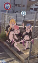  3girls :d absurdres black_footwear blonde_hair chain-link_fence double_v fence frederica_baumann google_street_view high_school_girls_posing_for_google_street_view_(meme) highres long_hair long_sleeves looking_at_viewer maid maid_headdress meme multiple_girls open_mouth outdoors pantyhose photo_background ram_(re:zero) re:zero_kara_hajimeru_isekai_seikatsu rem_(re:zero) roswaal_mansion_maid_uniform sidewalk smile sunegg1112 tamago_(uhdr2338) v white_pantyhose 