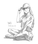  1girl adjusting_clothes adjusting_headwear baseball_cap crossed_legs dated full_body greyscale hand_on_own_leg hat highres indian_style long_hair looking_at_viewer monochrome nagasawa_reiko_(animator) original shirt shoes shorts signature simple_background sitting smile sneakers socks solo 