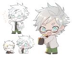  2boys animal_ears arudente_(einisikawaiiyo) black_footwear black_jacket blonde_hair blue_eyes brown_sweater chibi chibi_only closed_mouth commentary_request cup doughnut food glasses green_pants grey_shirt holding holding_cup holding_food jacket kanou_aogu lab_coat long_sleeves male_focus multiple_boys open_clothes open_jacket open_mouth pants ribbed_sweater saibou_shinkyoku semi-rimless_eyewear shirt short_hair simple_background smile sweater turtleneck turtleneck_sweater white_background white_hair 