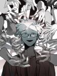  1boy absurdres collarbone commentary disembodied_hand glasses highres jacket kanou_aogu looking_up male_focus open_clothes open_jacket open_mouth partially_colored portrait saibou_shinkyoku sanglom shirt short_hair smile solo_focus symbol-only_commentary 