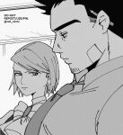  1boy 1girl ace_attorney breast_envy dick_gumshoe facial_hair franziska_von_karma from_side frown girl_staring_at_guy&#039;s_chest_(meme) goatee_stubble greyscale highres large_pectorals looking_at_another looking_at_pectorals male_focus meme monochrome muscular muscular_male necktie pectorals rat_nkmi short_hair sideburns_stubble stubble thick_eyebrows upper_body 