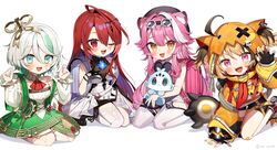  4girls :d aged_down ahoge animal_ear_fluff animal_ear_hood animal_ears animal_hug aqua_eyes asymmetrical_dress backpack bag belt black_gloves black_hair black_thighhighs black_tube_top blue_eyes blue_fire blue_hair blush breasts brown_hair cecilia_immergreen child colored_inner_hair cross-laced_clothes cross-laced_sleeves detached_sleeves doll doll_joints dress elizabeth_rose_bloodflame english_commentary fire full_body gigi_murin gloves green_eyes green_hair green_skirt grey_hair hair_between_eyes hair_ornament hands_up high-waist_shorts highres holojustice hololive hololive_english hood hoodie huge_ahoge jacket joints long_hair looking_at_viewer multicolored_hair multiple_girls noi_mine one_eye_closed open_mouth orange_belt orange_hoodie orange_thighhighs pale_skin panther_ears panther_girl panther_tail parted_bangs partially_fingerless_gloves pink_hair randoseru raora_panthera red_eyes redhead seiza shirt short_hair short_shorts shorts sidelocks simple_background single_glove single_thighhigh sitting skirt sleeveless sleeveless_dress small_breasts smile strapless streaked_hair striped_clothes striped_thighhighs teeth thigh-highs thigh_strap tube_top two-tone_hair two_side_up upper_teeth_only vest wariza white_background white_dress white_footwear white_hair white_jacket white_shirt white_shorts white_sleeves white_thighhighs white_vest winding_key yellow_eyes 