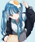  aegyo_sal black_jacket blue_background blue_eyebrows blue_hair blue_necktie bread bread_slice closed_mouth collared_shirt egg fingernails food grey_eyes grey_skirt hand_up head_tilt highres holding holding_food jacket light_blue_background long_hair long_sleeves looking_at_viewer multicolored_hair necktie open_clothes open_jacket original pleated_skirt pov shirt sidelocks simple_background skirt solo toast twintails two-tone_hair white_shirt wispy_bangs yoruse 
