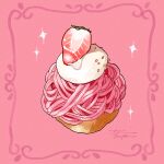  cupcake food food_focus fruit highres icing no_humans original pastry pink_background still_life strawberry tomma_mayuka whipped_cream 