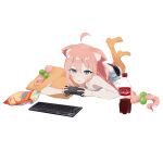  1girl absurdres ahoge animal_ear_fluff animal_ears bare_arms bare_shoulders black_shorts blue_eyes cat_ears chips_(food) coca-cola commentary_request controller dot_nose double-parted_bangs feet_up food furrowed_brow game_controller hair_between_eyes hair_over_shoulder highres hinata_channel holding holding_controller holding_game_controller keyboard_(computer) kurobeko_(kur0bek0) light_blush long_hair low_twintails lying nekomiya_hinata on_stomach orange_thighhighs parted_lips pillow pink_hair potato_chips raised_eyebrows shirt shorts side-tie_shirt sidelocks simple_background sleeveless sleeveless_shirt soda_bottle solo the_pose thick_eyelashes thigh-highs twintails v-shaped_eyebrows very_long_hair virtual_youtuber white_background white_shirt 