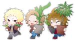  3boys :d atou_haruki berlioz44 black_footwear black_jacket blonde_hair blue_pants brown_eyes brown_footwear brown_hair brown_jacket brown_sweater chibi chibi_only closed_eyes commentary_request flower flower_pot green_eyes grey_pants hair_between_eyes holding holding_flower holding_flower_pot isoi_reiji jacket korean_commentary light_brown_hair long_sleeves male_focus medium_hair multiple_boys open_clothes open_jacket open_mouth palm_tree pants parted_bangs pink_flower pink_tulip plant potted_plant red_eyes red_shirt ribbed_sweater saibou_shinkyoku sanpaku shinano_eiji shirt short_hair simple_background smile sweat sweater transparent_background tree tulip turtleneck turtleneck_sweater walking white_shirt 