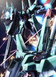  3d army battle commentary_request doven_wolf energy_beam explosion gundam gundam_zz mecha mobile_suit neo_zeon no_humans one-eyed raybar realistic robot rocket_punch space 